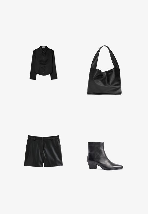 Svart långärmad skjorta i slätt tyg, med spetsig krage, framknappning och cropped nederkant med sidofrack.; Svarta lädershorts med en mjuk textur, skräddarsydd passform, bälteshällor och två framfickor, med en subtil glans.; Svart läderankelboot med spetsig tå, medelhög blockklack och slät yta. Har en minimalistisk design utan synlig hårdvara.; Svart läder tote-väska med en mjuk, sluttande design, breda handtag och slät yta. Ingen synlig hårdvara eller utsmyckningar.