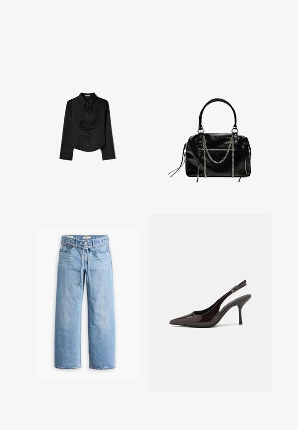 Musta pitkähihaisten paita, joka on valmistettu sileästä kankaasta. Siinä on kärkitasku, edessä napitus ja lyhennetty helma, jossa on sivuhaalareita.; Vaaleansiniset farkut leveillä lahkeilla, joissa on korkea vyötärö, nappi- ja vetoketjukiinnitys sekä narutasku vyötäröllä. Raaka helma.; Korkokenkät tummanruskeasta kiiltävästä patenttinnahasta, teräväkärkiset, avoimet sivut ja säädettävä nilkkaremmi.; Bershka WITH CHAIN - Käsilaukku - black