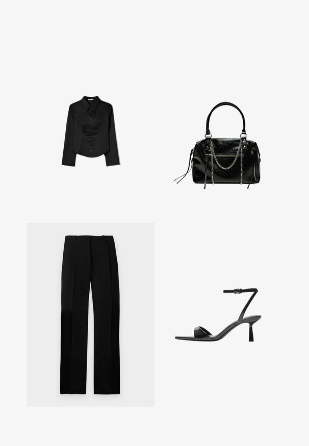 Fekete, hosszú ujjas ing sima anyagból, hegyes gallérral, elülső gombos záródással és oldalhasítékkal ellátott cropped szegéllyel.; Fekete, szabott nadrág sima textúrával, egyenes szárú kialakítással és elöl ráncolt részletekkel. Lapos derékpánttal rendelkezik, látható zárólécek nélkül.; Bershka Magas sarkú szandálok - black; Bershka WITH CHAIN - Kézitáska - black