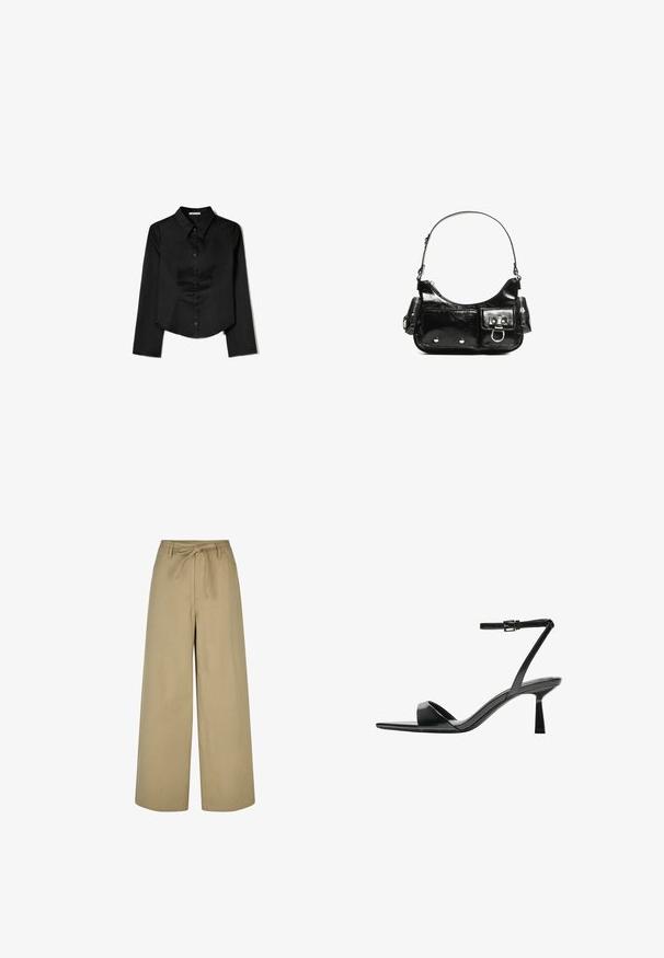 Black long-sleeve shirt made from smooth fabric, featuring a pointed collar, front button closure, and a cropped hem with side slits.; Beige wide-leg trousers with a high waist, drawstring tie, and two side pockets, made from a smooth, lightweight fabric.; Bershka High heeled sandals - black; Black patent leather handbag with a curved shape, one shoulder strap, front pockets, and silver-tone hardware accents.