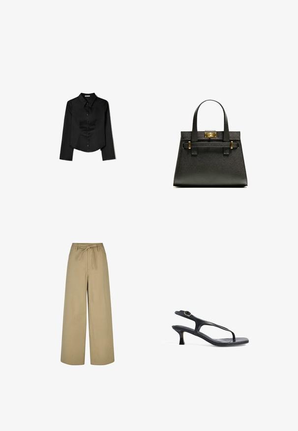 Zwarte langetermijnshirt gemaakt van soepele stof, met een puntige kraag, sluiting met knopen aan de voorkant en een cropped zoom met zijsplitten.; Beige wijde broek met hoge taille, drawstring en twee zijzakken, gemaakt van een gladde, lichte stof.; Zwarte leren sandaal met een slank ontwerp, dunne banden en een kleine hak. Bevat een gespaccent en een gladde, gestructureerde zool.; Zwarte getextureerde handtas met korte hengsels, voorzien van een gouden sluiting en accenten. Het ontwerp is gestructureerd, met een geometrische silhoeet.