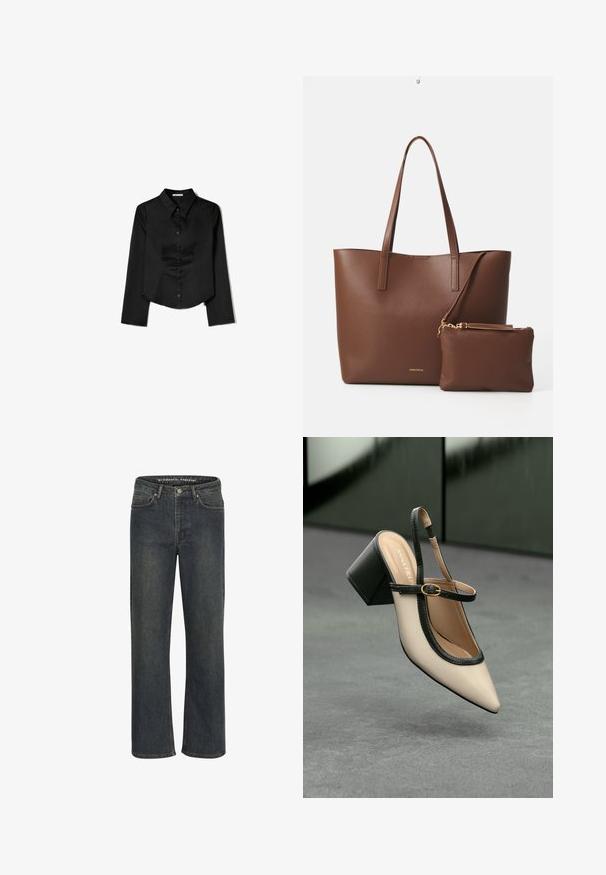Černá košile s dlouhým rukávem vyrobená z hladké látky, zahrnující špičatý límec, přední zapínání na knoflíky a zkrácený lem se bočními rozparky.; Tmavě modré rovné džíny vyrobené z denimové látky, s středním pasem, designem s pěti kapsami a jemným prošíváním podél švů.; Beige boty s špičatou špičkou a otevřenou patou, černými detaily, zlatou přezkou a silným blokovým podpatkem, na šedé podlaze s tmavě zeleným pozadím.; Hnědá taška z umělé kůže s dvěma dlouhými uchy a odpovídajícím malým pouzdrem. Povrch má texturovaný vzor a zlaté kovové prvky.