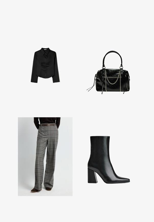Zwarte langetermijnshirt gemaakt van soepele stof, met een puntige kraag, sluiting met knopen aan de voorkant en een cropped zoom met zijsplitten.; Grijze geruite broeken met een ontspannen pasvorm, voorzien van een bruine leren riem, subtiele glans en contrasterende ruitpatronen in lichtere kleuren.; Zwarte leren enkelboot met een puntige neus en hoge blokhak. Glad oppervlak met een slanke silhouette en een solide basisontwerp.; Bershka WITH CHAIN - Handtas - black