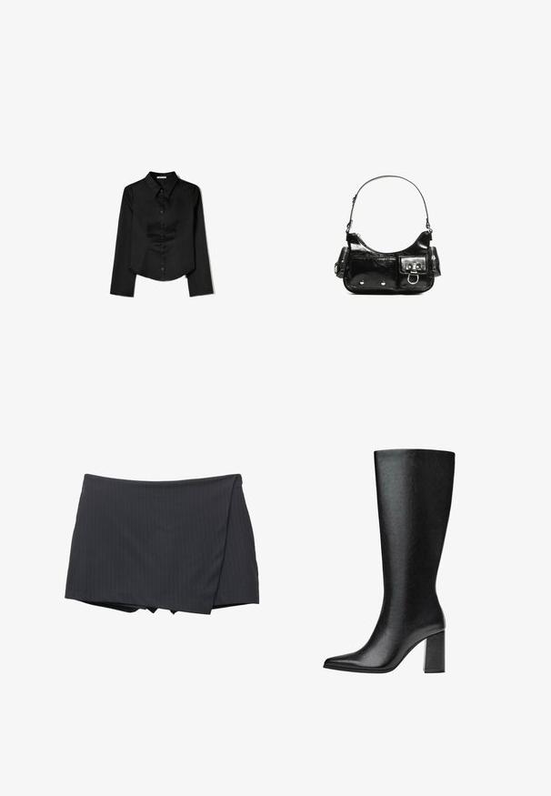 Črna srajca dolgimi rokavi, izdelana iz gladkega materiala, z ostrim ovratnikom, sprednjim gumbom in krajšo obrobo z stranskimi razpoki.; Črna mini krila s pinstripe vzorcem in ovitim dizajnom, narejena iz gladke tkanine. Ima čiste linije in brez vidnih zapiral. ; Črne škornje do kolen iz umetnega usnja s koničastim nosom, gladko teksturo in debelim blok peto. Minimalistična zasnova brez vidnih dodatkov.; Črna lakasta usnjena torbica s ukrivljeno obliko, enim ramenskim trakom, sprednjimi žepi in srebrnimi kovinskimi dodatki.