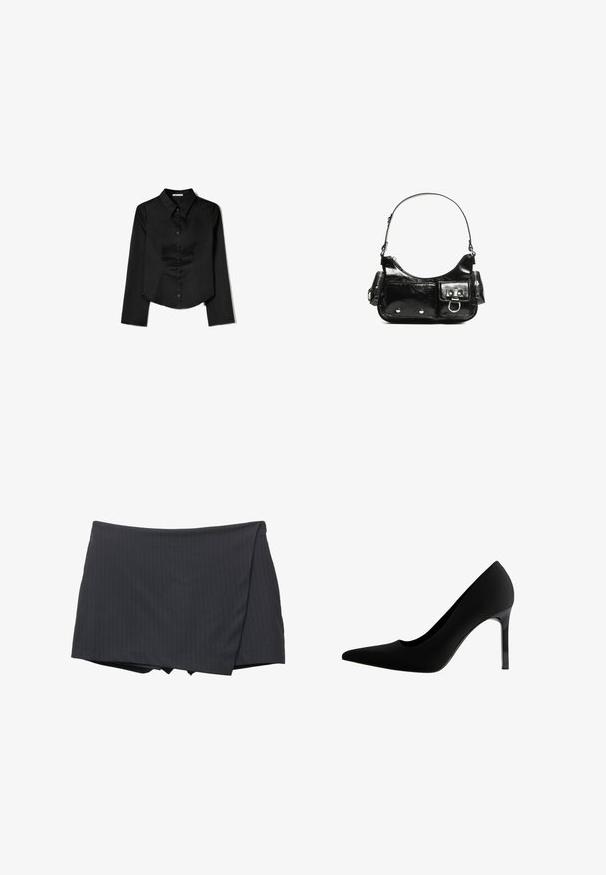 Sort langærmet skjorte lavet af glat stof, med en spidse krave, frontlukning med knapper og en cropped kant med sidelæg.; Sort mini nederdel med striber og draperet design, fremstillet af et glat stof. Har en ren finish og ingen synlige lukninger.; Sorte højhælede pumps med spids tå, glat mat materiale, slank stiletthæl og en subtil udskæring ved buen.; Sort patenteret læder håndtaske med en buet form, en skulderrem, frontlommer og hardware accenter i sølvfarve.