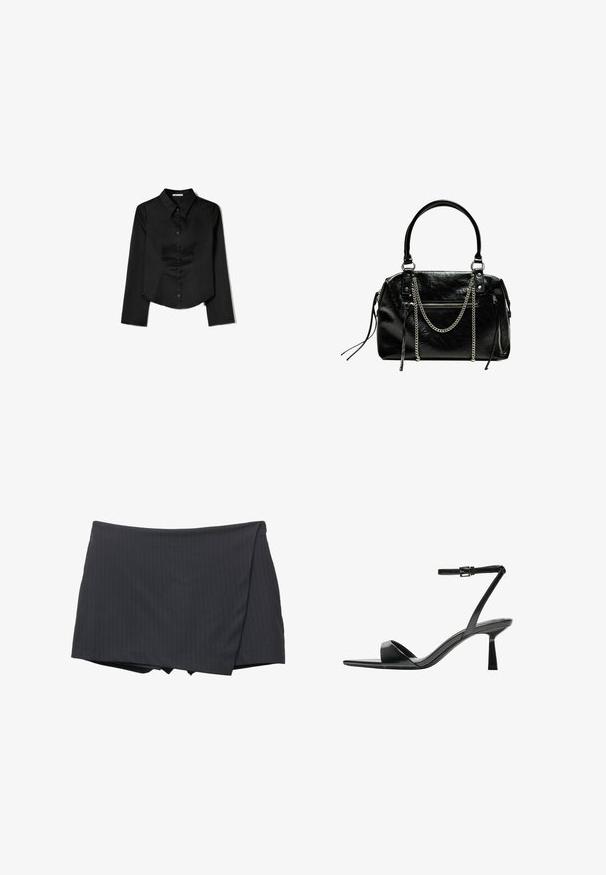 Fekete, hosszú ujjas ing sima anyagból, hegyes gallérral, elülső gombos záródással és oldalhasítékkal ellátott cropped szegéllyel.; Fekete csíkos mini szoknya átkötős dizájnnal, sima anyagból készült. Tiszta befejezésű és nem látható záródásokkal rendelkezik.; Bershka Magas sarkú szandálok - black; Bershka WITH CHAIN - Kézitáska - black