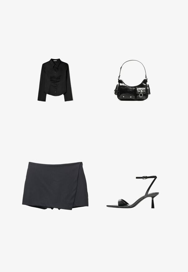 Schwarzes Langarmshirt aus glattem Stoff, mit spitzem Kragen, vorderem Knopfverschluss und einem gekürzten Saum mit seitlichen Schlitzen.; Schwarzer, gestreifter Minirock mit Wickeldesign, aus glattem Stoff gefertigt. Verfügt über einen sauberen Abschluss und keine sichtbaren Verschlüsse.; Bershka High Heel Sandalette - black; Schwarze Lackleder-Handtasche mit geschwungenem Design, einem Schulterriemen, Vordertaschen und silberfarbenen Hardware-Akzenten.