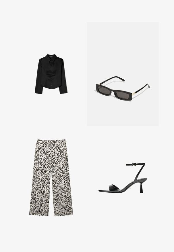 Musta pitkähihaisten paita, joka on valmistettu sileästä kankaasta. Siinä on kärkitasku, edessä napitus ja lyhennetty helma, jossa on sivuhaalareita.; Kevelegged hameet kevyestä kankaasta, jossa on musta-valkoinen tiikeri raidallinen kuvio. Joustava vyötärö, jossa on nauhakiristys.; Bershka Korolliset sandaalit - black; Mustat suorakulmion muotoiset aurinkolasit tummilla linsseillä, kiiltävillä muovikehyksillä ja kultaisilla yksityiskohdilla temppeleissä. Minimalistinen muotoilu ja virtaviivainen malli.; Musta nahkainen olkalaukku, jossa on pehmeä, roikkuva muotoilu, leveät kahvat ja sileä pinta. Ei näkyviä metalliosia tai koristeluja.