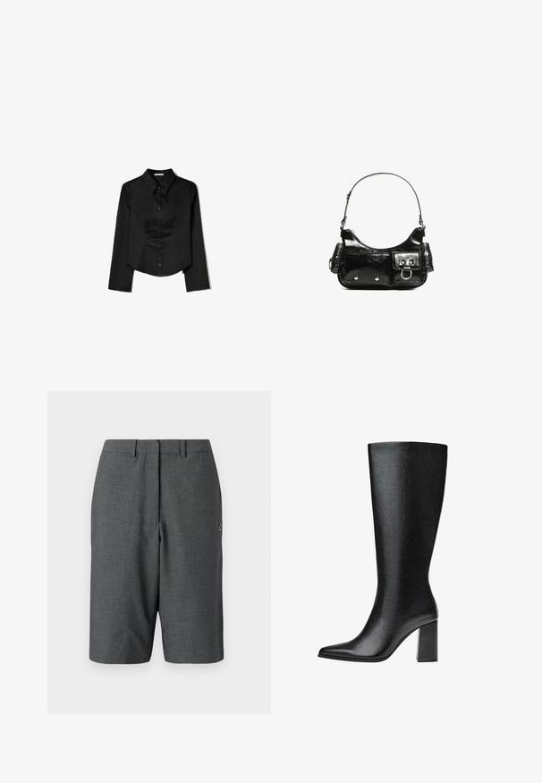 Crna košulja dugih rukava od glatkog materijala, s izrezom u obliku oštrice, prednjim zatvaranjem na gumbe i skraćenim rubom s bočnim prorezima.; Tamno sivi krojeni šorts s teksturiranom tkaninom, jednim prednjim nabranjem, petljama za pojas, bočnim džepovima i malim logotipom na nozi.; Crne čizme do koljena napravljene od umjetne kože s šiljastim vrhom, glatkom teksturom i debelom blok petom. Minimalistički dizajn bez vidljivih akcenata.; Crna patentna kožna torba s zakrivljenim oblikom, jednim remenom za rame, prednjim džepovima i akcentima od srebrnog tona.