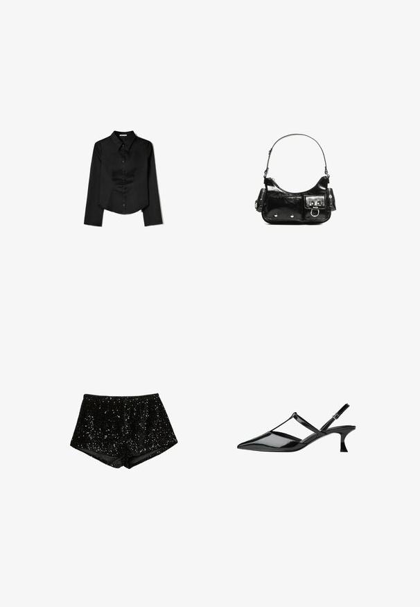 Zwarte langetermijnshirt gemaakt van soepele stof, met een puntige kraag, sluiting met knopen aan de voorkant en een cropped zoom met zijsplitten.; Zwarte pailletten shorts met een fitted, textuurdesign. De stof is voorzien van glanzende pailletten die in een decoratief patroon zijn gerangschikt.; Zwarte patenten leren slingback-hakken met een puntige neus, kruisbandontwerp en een taps toelopende mid-hak. Glad, glanzend afwerking met uitsnijdetails.; Zwarte laarzen in lakleer met een gebogen vorm, één schouderband, voorvakken en accenten in zilverkleurig metaal.