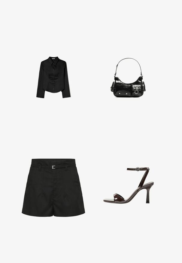 Črna srajca dolgimi rokavi, izdelana iz gladkega materiala, z ostrim ovratnikom, sprednjim gumbom in krajšo obrobo z stranskimi razpoki.; Črne kratke hlače visokega pasu s šivi, stranskimi žepi, pasnimi zankami in ozkim črnim pasom s srebrno zaponko.; Rjave visokosprti sandali iz pateniranega usnja z zaponko okoli gležnja, odprto konico in eleganten, minimalističen dizajn. Imajo kvadratno peto.; Črna lakasta usnjena torbica s ukrivljeno obliko, enim ramenskim trakom, sprednjimi žepi in srebrnimi kovinskimi dodatki.