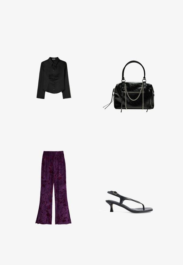 Čierna košeľa s dlhým rukávom vyrobená z hladkej látky, s špicatým golierom, predným zapínaním na gombíky a skráteným lemom so bočnými rozparkami.; Fialové voľné nohavice s kvetinovým vzorom v tmavších odtieňoch, vyrobené z ľahkej tkaniny s elastickým pásom. Rozšírený strih.; Čierne kožené sandále s elegantným dizajnom, tenkými popruhmi a nízkym podpätkom. Obsahujú kovovú sponu a hladký, textúrovaný stielku.; Bershka WITH CHAIN - Kabelka - black