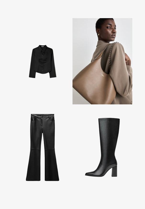 Zwarte langetermijnshirt gemaakt van soepele stof, met een puntige kraag, sluiting met knopen aan de voorkant en een cropped zoom met zijsplitten.; Zwarte neplederen flared broek met een gladde textuur, hoge tailleband, voorkzakken en een ritsopening. Bevat naaddetails op de benen.; Zwarte laars tot de knie van faux leer met een spitse neus, een gladde textuur en een chunky blokhak. Minimalistisch ontwerp zonder zichtbare accenten.; Bruine lederen handtas met een gladde textuur, met een gebogen silhouet en een metalen logo. De schouderband heeft decoratieve studs langs de naad.