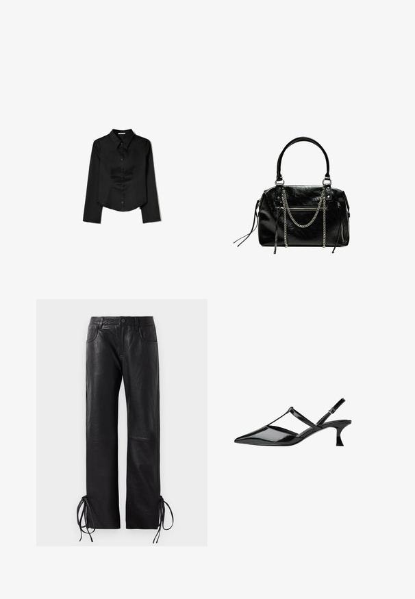 Zwarte langetermijnshirt gemaakt van soepele stof, met een puntige kraag, sluiting met knopen aan de voorkant en een cropped zoom met zijsplitten.; Zwarte leren broeken met een licht gestructureerde afwerking, recht gesneden pijpen en verstelbare veters aan de onderkant voor een aanpasbare pasvorm.; Zwarte patenten leren slingback-hakken met een puntige neus, kruisbandontwerp en een taps toelopende mid-hak. Glad, glanzend afwerking met uitsnijdetails.; Bershka WITH CHAIN - Handtas - black