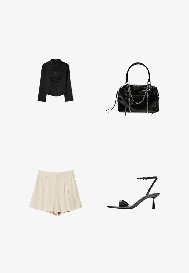Schwarzes Langarmshirt aus glattem Stoff, mit spitzem Kragen, vorderem Knopfverschluss und einem gekürzten Saum mit seitlichen Schlitzen.; Beige Leinen-Shorts mit Falten, flachem Taillenbund und Seitentaschen. Der Stoff hat eine weiche Textur und einen maßgeschneiderten, geraden Schnitt.; Bershka High Heel Sandalette - black; Bershka WITH CHAIN - Handtasche - black
