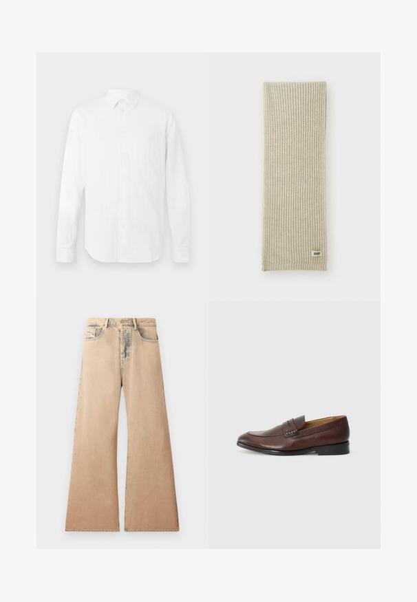 Hvit langermet skjorte laget av strukturert stoff, med klassisk krage, knappestenging foran, og rett kant. Den har en avslappet passform.; Beige vide benbukser med falmet tekstur, fem lommer, og sømdetaljer langs sømmene. Livet har en tradisjonell knappelukking.; JOOP! KLEITOS - Slippers - brown; Beige strikket skjerf med vertikal ribbestrikket tekstur. Har en liten stofflapp merket "DRYARN" i den ene enden. Mykt, lett materiale.; Svart slips med diagonale blå striper, laget av et glatt stoff. Har en avsmalnet ende og en knyttet løkke på toppen.