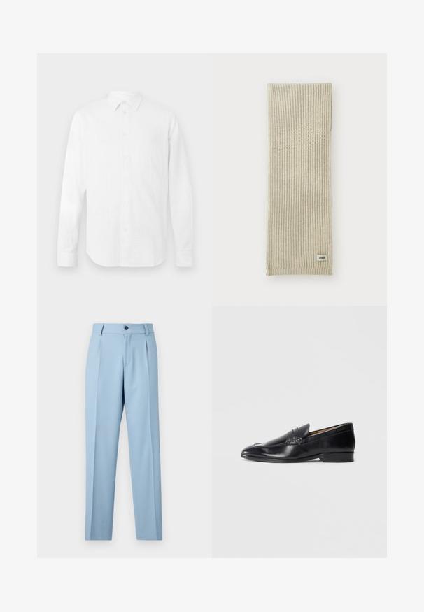 Valge pikkadevarrukatega särk, mis on valmistatud tekstuurilisest kangast, klassikalise kraega, nööpidega ees ja sirge alumise servaga, millel on loosse sobiv lõige.; Heledad heledest kangast, sirgelt jalgevahega, ees voldid ja ühe nupuga kinnitamine vöökohtadel.; Must lõpp viimistlusega must nahkne loomer, terava ninaga ja tagasihoidliku õmblusdetailiga. Omab tasasest kanna ja külje peal embosseeritud logo.; Bež kudumeline sall, millel on vertikaalne ribikujuline tekstuur. Ühel otsal on väike kangatagin, millel on silt "DRYARN". Pehme, kerge materjal.; Mustar, millel on diagonaalsed sinised triibud, valmistatud siledast kangast. Omab kitsenevat lõppu ja sõlmitud silmust ülaosas.