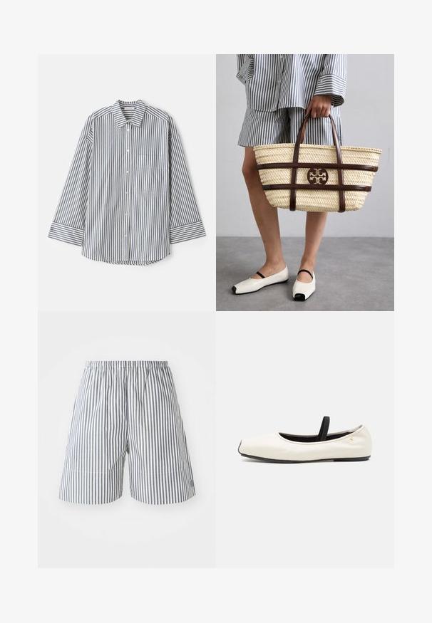 Kék és fehér csíkos gombos ing. Klasszikus gallérral, hosszú ujjakkal, mellzsebekkel és gombos mandzsettákkal rendelkezik.; Csíkos nadrág sötétkék és fehér pamuttal, rugalmas derékkal és laza szabással. Középmagas, combközép hosszúságú, diszkrét varrási részletekkel.; Lap ballet cipő fehér bőrből, lekerekített orral, fekete elasztikus pánttal és kis arany emblémával a sarok közelében. Puha tapintás és minimalista dizájn.; Fonott szalmatároló táska barna bőr részletekkel és fogantyúkkal. Kiemelkedő logóval és ellentétes színű vízszintes csíkokkal rendelkezik.