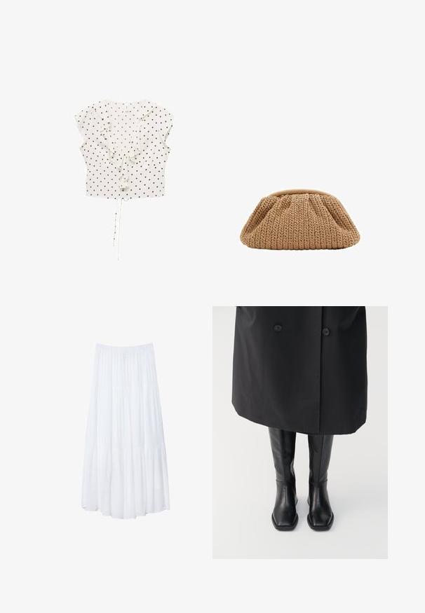 Blusa bianca con pois neri, maniche corte a sbuffo, dettaglio arricciato sul davanti e orlo con cordino per una vestibilità regolabile.; Gonna maxi bianca a più strati realizzata in tessuto leggero. Presenta una vita elastica e un design fluido con una morbida e sottile texture.; Stivali neri in pelle al ginocchio con punta quadrata, texture liscia e design minimale, abbinati a un lungo cappotto nero.; Borsa a tracolla beige lavorata a maglia con un design arricciato e forma arrotondata, caratterizzata da una finitura in tessuto testurizzato e un'apertura superiore morbida.