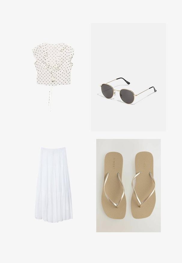 Bjela bluzica s crnim točkicama, kratkim lepršavim rukavima, naboranim detaljem na prednjem dijelu i rubom s vezicom za prilagodbu.; Bijela, slojevita maksi suknja od laganog materijala. Ima fleksibilnu elasticnu tačnu i lepršav dizajn s mek teksturom.; Bež japanke s teksturiranom potplatom i metalik srebrnim trakama. Jednostavan dizajn, s ravnim i širokim postoljem za udobnost.; Okvir okruglih sunčanih naočala sa tamnim staklima, tankim zlatnim metalnim okvirom, plastičnim vrhovima za uši i podesivim nosnim jastučićima. Minimalistički dizajn s klasičnim izgledom.