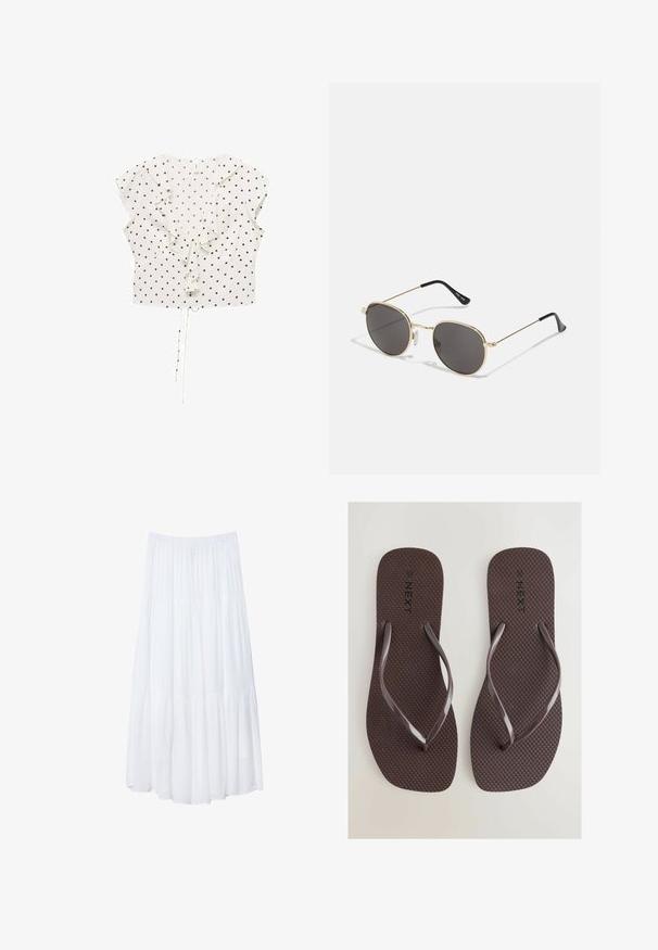 Vit blus med svarta prickar, korta volangärmar, rynkat framstycke och dragsko i nederkant för justerbar passform.; Vit, lager-på-lager maxikjol gjord av lättviktsmaterial. Har en elastisk midja och en svängig design med mjuk, subtil textur.; Next SQUARE TOE  - Badsandaler - chocolate brown; Runda solglasögon med mörka linser, tunn ram i guldmetall, plasttips på bågarna och justerbara nässtöd. Minimalistisk design med en klassisk stil.; Virkat beige kuvertväska med en rynkad design och rund form, som har en texturerad tygfinish och mjukt övre öppning.