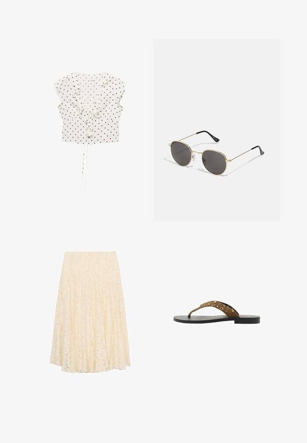 Blouse blanche avec des pois noirs, manches courtes volantées, détail froncé à l'avant et ourlet avec cordon de serrage pour un ajustement réglable.; Jupe midi en dentelle crème avec un motif floral, design plissé et texture lisse. La taille est plate et la longueur arrive sous le genou.; Tongs en suède marron avec une seule sangle ornée de clous dorés, semelle noire, design plat et forme simple et minimaliste.; Lunettes de soleil rondes avec des verres foncés, fine monture en métal doré, embouts en plastique et plaquettes de nez ajustables. Design minimaliste avec un look classique.; Sac bandoulière beige en toile avec un motif répétitif de logo MK, des accessoires en or et une bandoulière en chaîne. Il dispose d'une fermeture zippée et d'accents en cuir.