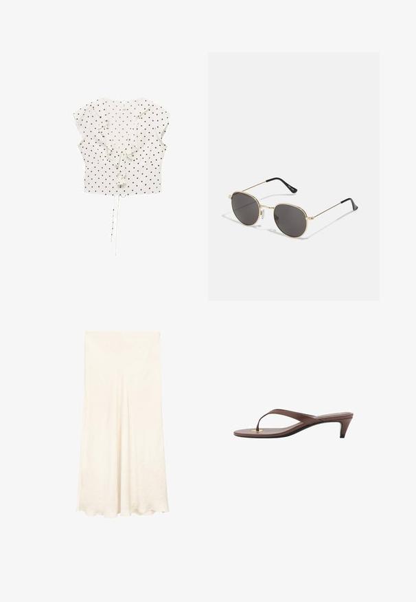 Bílá blůza se černými puntíky, krátkými volánovými rukávy, našitým volánkem v přední části a stahovací spodní částí pro možnost úpravy velikosti.; Bílé, volné maxi sukně z texturovaného materiálu. Má vysoký pas a jemný splývavý střih. Spodní lem má mírně zaoblený tvar.; Hnědé sandály s podpatkem a tenkým páskem, zaoblenou špičkou a malým zlatým akcentem na stélce.; Kulaté sluneční brýle s tmavými skly, tenkým zlatým kovovým rámem, plastovými konci stranic a nastavovacími nosními polštářky. Minimalistický design s klasickým vzhledem.; Pletená béžová kabelka s nařaseným designem a zaobleným tvarem, s texturovaným povrchem a měkkým horním otvorem.