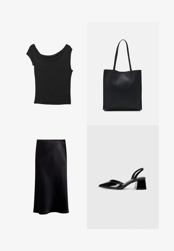 Čierny krátky rukáv top vyrobený z hladkej tkaniny; má prehnutý výstrih a asymetrický lem, s priliehavým telom.; Čierna saténová midi sukňa s hladkou textúrou, áčkovým strihom a jemným leskom. Obsahuje pás a dĺžku po členky.; Čierne lakované kožené sandálové podpätky s špicatou špičkou a geometrickým blokovým podpätkom. Disponujú elegantným, minimalistickým dizajnom a hladkým povrchom.; Čierna kožená taška na rameno s hladkým povrchom, obdĺžnikovým tvarom a dvoma dlhými uchami. Bez viditeľného kovania alebo ozdôb.