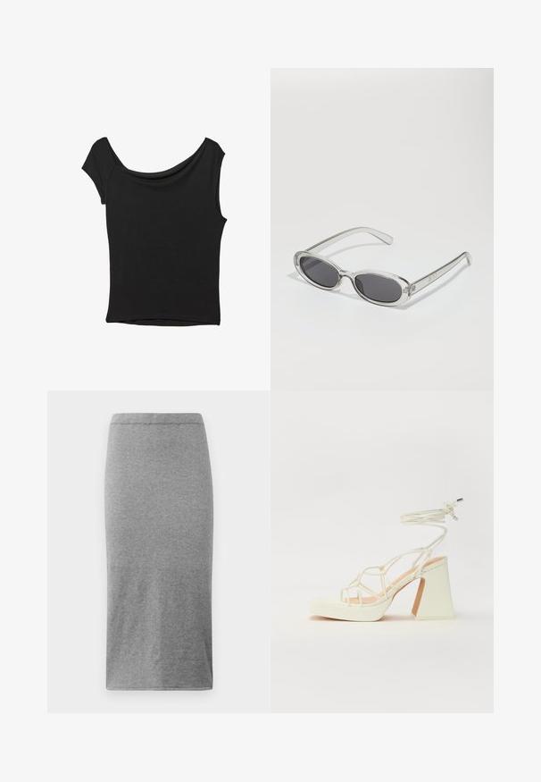 Schwarzes Kurzarmoberteil aus glattem Stoff; hat einen drapierten Ausschnitt und einen asymmetrischen Saum, mit einem figurbetonten Körper.; Grauer, knielanger Rock aus weichem, elastischem Stoff. Besitzt ein schlichtes, figurnahes Design mit elastischem Bund und glatter Textur.; Weiße High-Heel-Sandale mit einem klobigen Absatz, die über ein Riemchendesign und ein Knöchelband verfügt. Glatte Textur mit einer Plattform vorne für zusätzliche Höhe.; Sonnenbrille mit ovaler Form, klarem Kunststoffrahmen, dunkelgrauen Gläsern und dünnen transparenten Bügeln mit Logo-Akzenten und minimalen Details.
