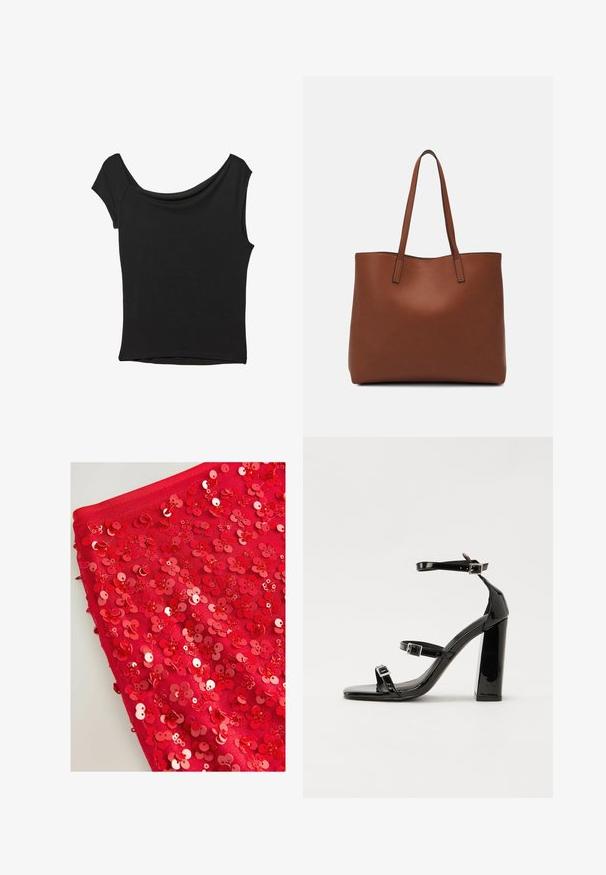 Top nero a maniche corte realizzato in tessuto liscio; presenta un colletto drappeggiato e un orlo asimmetrico, con una vestibilità aderente.; Tessuto rosso coperto di brillanti paillettes rosse a forma di fiori, con diverse dimensioni e texture, che creano un aspetto stratificato e tattile.; Sandali con tacco in vernice nera, con punta squadrata, cinturini alla caviglia e fibbie in argento. Presentano un tacco a blocco spesso per maggiore stabilità.; Borsa tote in pelle marrone con texture liscia, design con apertura superiore e due spallacci. Presenta cuciture minime e nessun hardware visibile.
