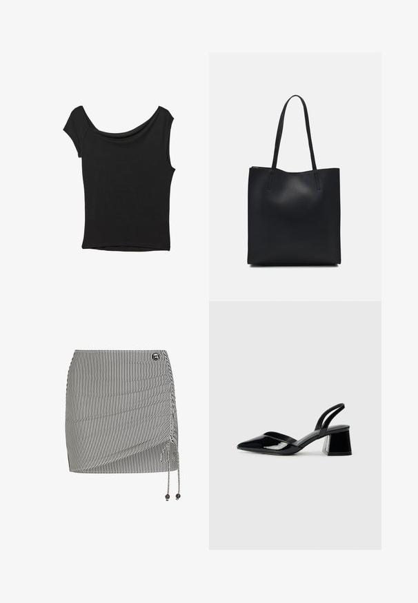 Top nero a maniche corte realizzato in tessuto liscio; presenta un colletto drappeggiato e un orlo asimmetrico, con una vestibilità aderente.; Gonna mini a righe bianche e nere con dettaglio arricciato sul lato, lacci regolabili e perline decorative alla fine del cordino.; Décolleté in vernice nera con punta affusolata e tacco in geometria cubica. Presentano un design elegante e minimalista, con una texture liscia.; Borsa tote in pelle nera con texture liscia, forma rettangolare e due manici lunghi. Nessun hardware o decorazione visibile.