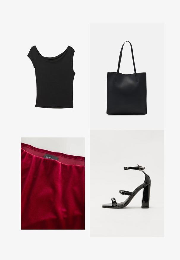 Černý krátký rukáv top vyrobený z hladké látky; má drapovaný výstřih a asymetrický lem, s přiléhavým střihem.; Červený sametový materiál s hladkým povrchem, s nařaseným pasem. Na horním okraji je viditelné logo značky "NEXT".; Černé lakované sandály na podpatku se čtveratou špičkou, lýtkovými pásky a stříbrnými přezkami. Disponují masivním blokovým podpatkem pro stabilitu.; Černá kožená taška přes rameno s hladkým povrchem, obdélníkovým tvarem a dvěma dlouhými uchy. Žádné viditelné kování ani ozdoby.