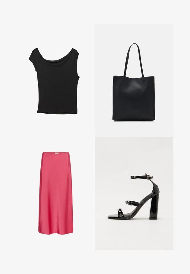 Black short-sleeve top made of smooth fabric; features a draped neckline and an asymmetrical hemline, with a fitted body.; Pink satin midi skirt with a smooth texture, relaxed fit, and a subtle elastic waistband, providing a flowing silhouette.; Black patent heeled sandals with a square toe, ankle straps, and silver buckles. Features a chunky block heel for stability.; Black leather tote bag with smooth texture, rectangular shape, and two long handles. No visible hardware or embellishments.