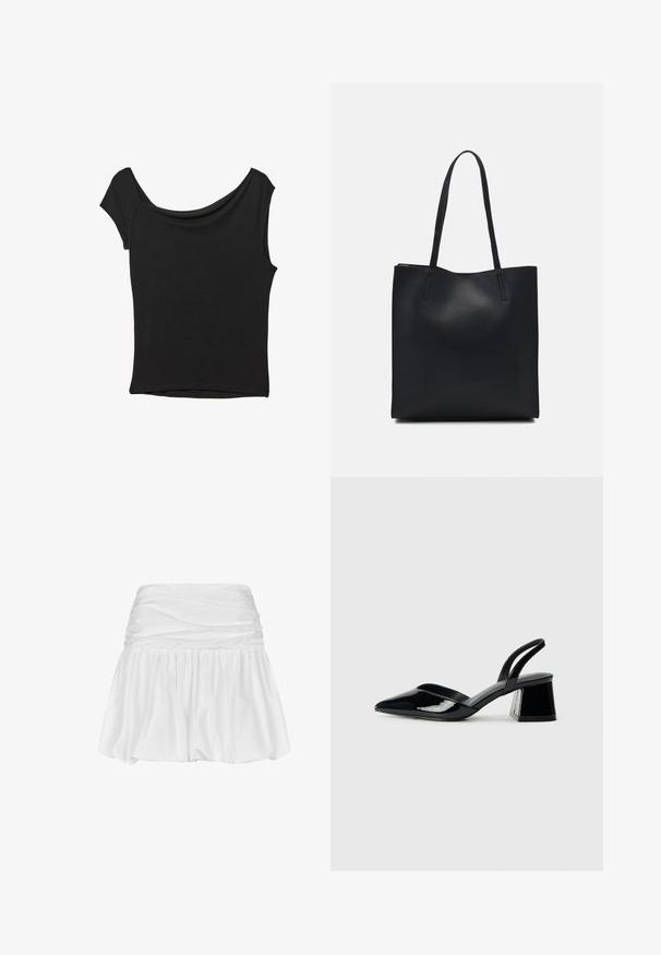 Schwarzes Kurzarmoberteil aus glattem Stoff; hat einen drapierten Ausschnitt und einen asymmetrischen Saum, mit einem figurbetonten Körper.; Weiße Minirock mit gerafftem Bund, fließender A-Linie, glatter Stofftextur und voluminösem, gerüschtem Saum für mehr Bewegungsfreiheit.; Schwarze Lackleder-Slingback-High Heels mit spitzem Schuh und einem geometrischen Blockabsatz. Verfügt über ein schlankes, minimalistisches Design und eine glatte Textur.; Schwarze Laptoptasche aus Leder mit glatter Textur, rechteckiger Form und zwei langen Griffen. Keine sichtbaren Beschläge oder Verzierungen.
