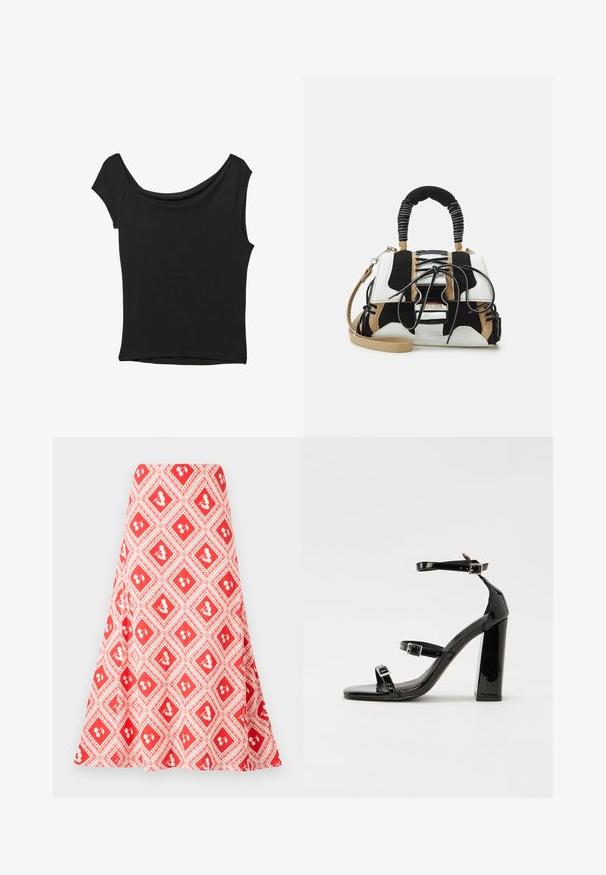 Haut noir à manches courtes en tissu lisse ; il présente un col drapé et un ourlet asymétrique, avec un corps ajusté.; Jupe à motifs rouge et blanc présentant un design en losange avec de petits motifs floraux et une coupe évasée, fabriquée à partir d'un tissu lisse.; Sandales à talons vernies noires avec un bout carré, des sangles autour de la cheville et des boucles en argent. Dotées d'un talon bloc épais pour plus de stabilité.; Sac à main multicolore en maille noire, blanche et beige. Présente une poignée texturée, un design à lacets et une bandoulière amovible.