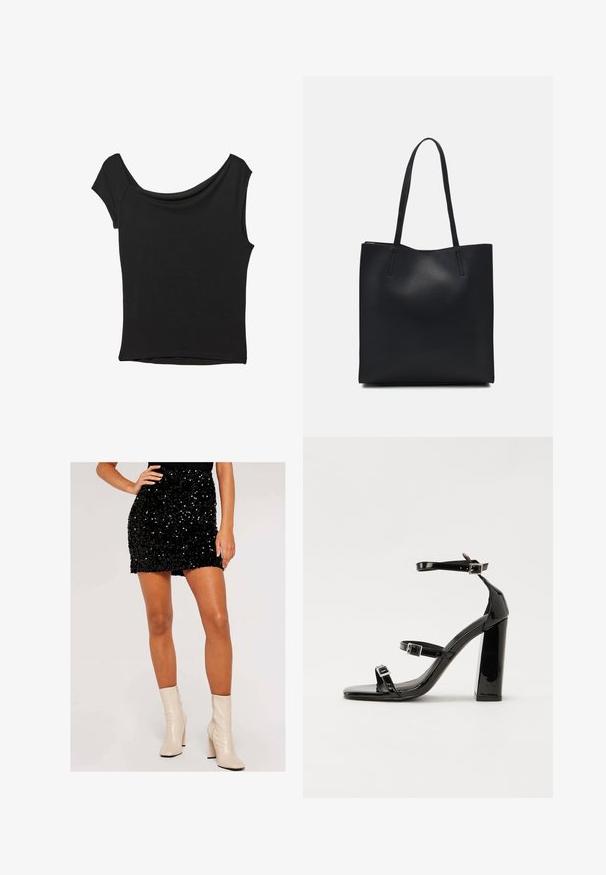 Musta lyhythihainen paita, joka on valmistettu sileästä kankaasta; siinä on laskeutuva kaula-aukko ja epäsymmetrinen helma, sekä istuva malli.; Mustat paljettihameet, tiukka malli, jossa on sileä pinta. Yhdistettynä kermaisiin nilkkureihin, joissa on vetoketju ja lohkare korko.; Musta kiiltävä korkokenkä sandaalit neliönmuotoisella varpaalla, nilkkaremmillä ja hopeisilla soljilla. Varustettu tukevalla lohkokorkealla vakauden takaamiseksi.; Mustapahkainen kangaskassi, jossa on sileä pinta, suorakaiteen muotoinen ja kaksi pitkää kahvaa. Ei näkyvää metalliosaa tai koristeita.