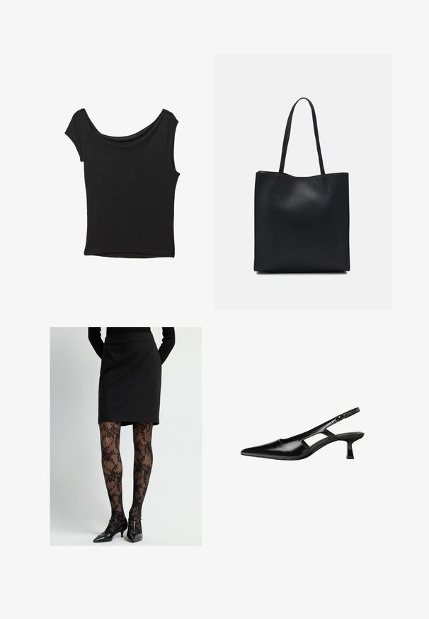 Musta lyhythihainen paita, joka on valmistettu sileästä kankaasta; siinä on laskeutuva kaula-aukko ja epäsymmetrinen helma, sekä istuva malli.; Mustat kynähameet yhdistettyinä läpinäkyviin mustiin kukkakuosiseksi sukkahousuihin ja mustiin patentoituihin korkokenkiin, joissa on kärki ja matala korko.; Mustat lakatut nahkakengät, joissa on viistopää, leikattu sivusuunnassa ja pieni neliökoroke. Sujuva pinta, jossa on minimaalinen koristelu.; Mustapahkainen kangaskassi, jossa on sileä pinta, suorakaiteen muotoinen ja kaksi pitkää kahvaa. Ei näkyvää metalliosaa tai koristeita.