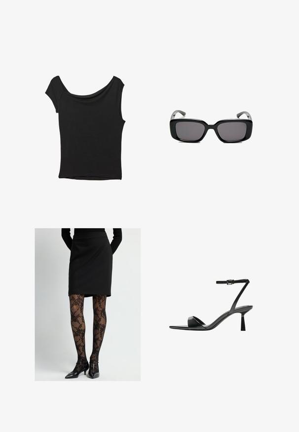 Schwarzes Kurzarmoberteil aus glattem Stoff; hat einen drapierten Ausschnitt und einen asymmetrischen Saum, mit einem figurbetonten Körper.; Schwarzer Bleistiftrock kombiniert mit transparenten schwarzen Strumpfhosen mit floralen Mustern und schwarzen patentierten Lederabsatzschuhen mit spitzer Spitze und niedrigem Absatz.; Bershka High Heel Sandalette - black; Schwarze rechteckige Sonnenbrille mit dunklen Gläsern, glattem Kunststoffrahmen und gebogenen Bügeln. Das Design ist klobig mit einer minimalistischen Ästhetik.