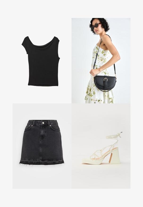 Musta lyhythihainen paita, joka on valmistettu sileästä kankaasta; siinä on laskeutuva kaula-aukko ja epäsymmetrinen helma, sekä istuva malli.; Musta farkku minihame suoran siluetin kanssa, jossa on etutaskut, metallinappikiinnitys ja repaleinen helma.; Valkoinen korkokenkä, jossa on paksu korko, ja joka sisältää nauhakiinnityksen ja nilkkaketjun. Sujuva pinta, jossa on platform-etupohja lisäkorkeutta varten.; Musta nahkainen käsilaukku, joka on kaareva muotoilultaan, irrotettavalla hihnalla ja kultaisilla yksityiskohdilla. Laukussa on läppä, jossa on solk yksityiskohta.