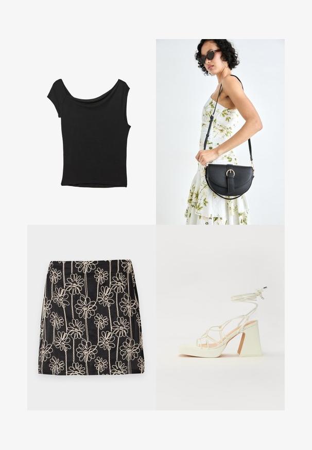 Črna kratka majica s kratkimi rokavi iz gladkega blaga; ima drapiran izrez in asimetrično spodnjo rob, s prilegnjenim telesom.; Črna krila s belim cvetličnim vezenjem in zankastim dizajnom. Gladka struktura in oprijet kroj, z vidnimi šivi.; Bela sandala na visokih petah s debelim petam, ki ima obliko trakcev in vezanje okoli gležnja. Gladka tekstura z platformo spredaj za dodatno višino.; Črna usnjena torbica s ukrivljeno obliko, z odstranljivo naramnico in zlatimi dodatki. Torbica ima pokrov s podrobnostmi v obliki zaponke.