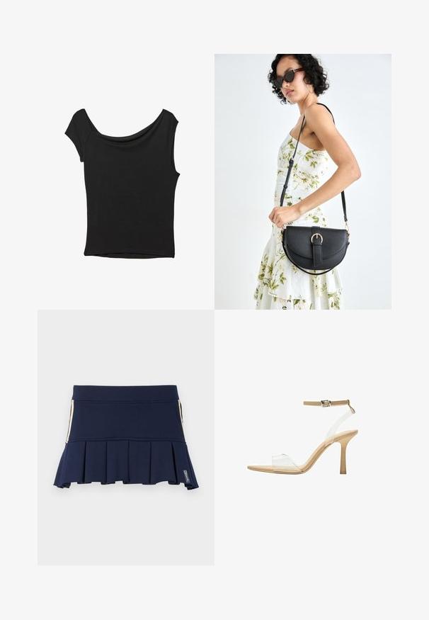 Črna kratka majica s kratkimi rokavi iz gladkega blaga; ima drapiran izrez in asimetrično spodnjo rob, s prilegnjenim telesom.; Temno modra plisirana krila iz raztegljive tkanine, z oprijetim pasom in bočnim zadrgo. Šivi so vidni ob šivih.; Sandal z jasnim petnikom s prozornim zgornjim delom, bež podplatom in sivim trakcem okoli gležnja. Ima koničast nos in tanek visoki petek.; Črna usnjena torbica s ukrivljeno obliko, z odstranljivo naramnico in zlatimi dodatki. Torbica ima pokrov s podrobnostmi v obliki zaponke.