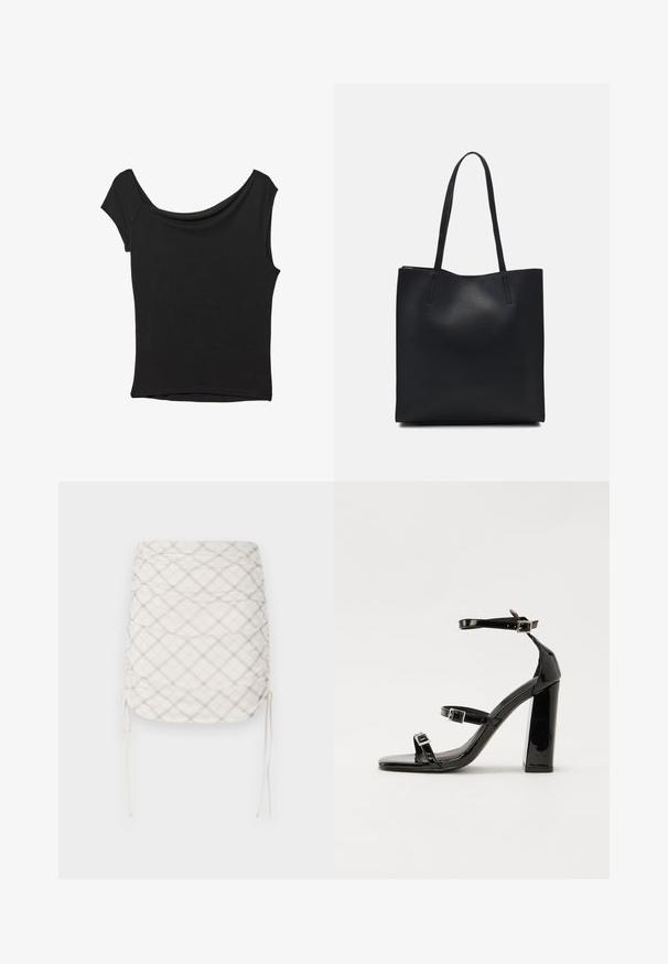 Haut noir à manches courtes en tissu lisse ; il présente un col drapé et un ourlet asymétrique, avec un corps ajusté.; Jupe mini froncée en crème avec un motif à carreaux gris et beige. Caractéristiques de liens latéraux ajustables et d'un tissu lisse et texturé.; Sandales à talons vernies noires avec un bout carré, des sangles autour de la cheville et des boucles en argent. Dotées d'un talon bloc épais pour plus de stabilité.; Sac fourre-tout en cuir noir avec une texture lisse, de forme rectangulaire et deux longues poignées. Pas de matériel ou d'ornementations visibles.