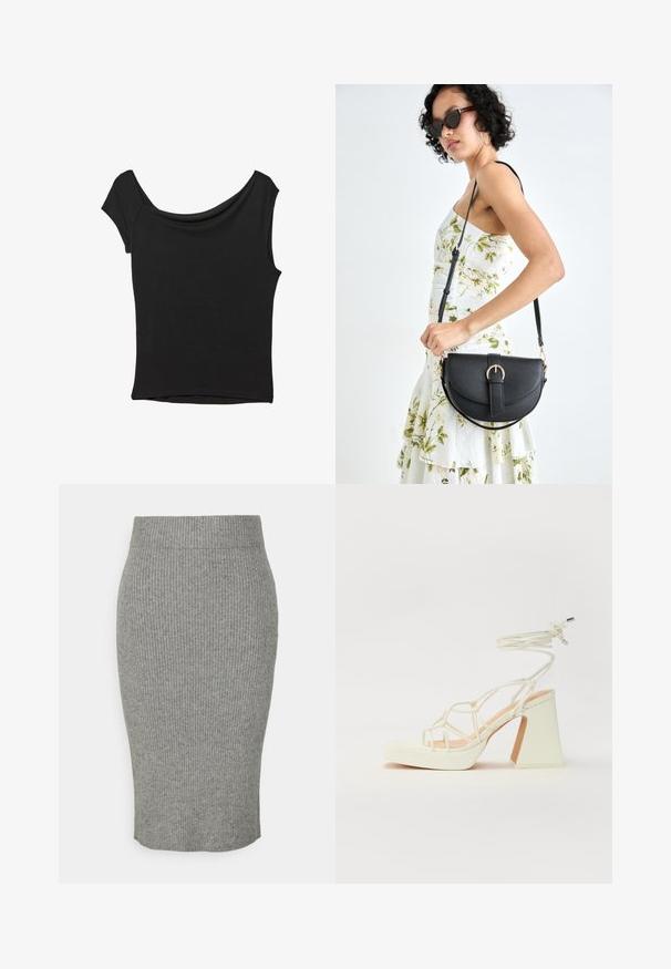 Černý krátký rukáv top vyrobený z hladké látky; má drapovaný výstřih a asymetrický lem, s přiléhavým střihem.; Šedá příčná pletená tužková sukně s přiléhavým siluetou, která má elastický pas a měkkou strukturu. Sukně je střední délky.; Bílé sandály na vysokém podpatku s robustním podpatkem, s designem s pásky a zavazováním kolem kotníku. Hladký povrch s platformou vpředu pro zvýšení výšky.; Černá kožená kabelka s křivkovým tvarem, odnímatelným popruhem a zlatými detaily. Kabelka má klopu s přezkou.