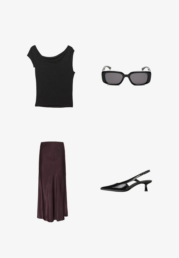 Černý krátký rukáv top vyrobený z hladké látky; má drapovaný výstřih a asymetrický lem, s přiléhavým střihem.; Satinová midi sukně v hluboké burgundské barvě s elastickým pasem, splývavým designem a hladkou, lesklou texturou. Žádné viditelné vzory nebo akcenty.; Černé lakované lodičky na podpatku se špičatou špičkou, výřezovým designem na boku a malým čtvercovým podpatkem. Hladká textura s minimálními akcenty.; Černé obdélníkové sluneční brýle s tmavými skly, hladkým plastovým rámem a zakřivenými stranicemi. Design je robustní s minimalistickou estetikou.