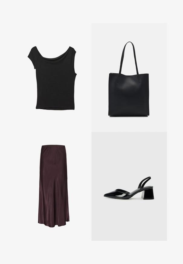 Top nero a maniche corte realizzato in tessuto liscio; presenta un colletto drappeggiato e un orlo asimmetrico, con una vestibilità aderente.; Gonna midi in satin di un profondo bordeaux con una vita elastica, design fluido e una consistenza liscia e lucida. Nessun motivo o dettaglio visibile.; Décolleté in vernice nera con punta affusolata e tacco in geometria cubica. Presentano un design elegante e minimalista, con una texture liscia.; Borsa tote in pelle nera con texture liscia, forma rettangolare e due manici lunghi. Nessun hardware o decorazione visibile.