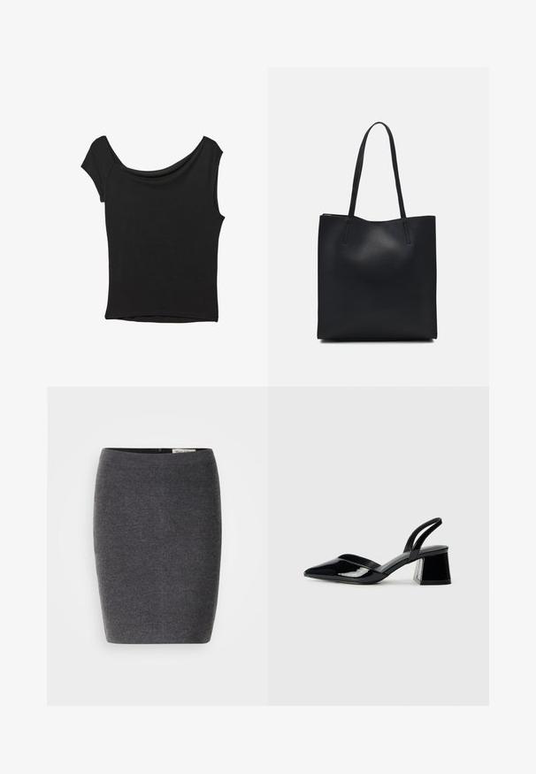 Černý krátký rukáv top vyrobený z hladké látky; má drapovaný výstřih a asymetrický lem, s přiléhavým střihem.; Šedá vlněná tužková sukně s hladkou strukturou a přiléhavým střihem, s diskrétními pasem a bez viditelných zdobení.; Černé lakované kožené lodičky na pásku s špičatou špičkou a geometrickým blokovým podpatkem. Vyznačují se elegantním, minimalistickým designem a hladkým povrchem.; Černá kožená taška přes rameno s hladkým povrchem, obdélníkovým tvarem a dvěma dlouhými uchy. Žádné viditelné kování ani ozdoby.
