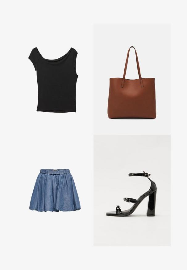Črna kratka majica s kratkimi rokavi iz gladkega blaga; ima drapiran izrez in asimetrično spodnjo rob, s prilegnjenim telesom.; Jeanskrilo z elastičnim pasom, razširjenim oblikom in svetlo modro barvo. Ima gladko teksturo in nabran material.; Črne lakirane sandale s peto, kvadratnim prstom, trakovi okrog gležnja in srebrnimi zaponkami. Opremljene so s stabilno Debelo peto.; Rjava usnjena torba z gladko teksturo, odprto zasnovo zgoraj in dvema naramnima trakovoma. Opremljena je z minimalnim šivanjem in brez vidnih kovinskih delov.