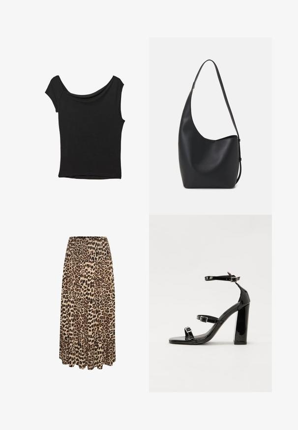 Čierny krátky rukáv top vyrobený z hladkej tkaniny; má prehnutý výstrih a asymetrický lem, s priliehavým telom.; Maxi sukňa s leopardím vzorom so zúženým pásom a vrstveným volánovým lemom, s odtieňmi béžovej, hnedej a čiernej farby vyrobená z mäkkého materiálu.; Čierne lakované sandále na podpätku so štvorcovou špičkou, navlečenými remienkami okolo členku a striebornými prackami. Disponujú masívnym blokovým podpätkom pre stabilitu.; Čierna kožená hobo taška so hladkou textúrou, zakriveným tvarom a jedným nastaviteľným popruhom; má široké otvorenie na vrchu.