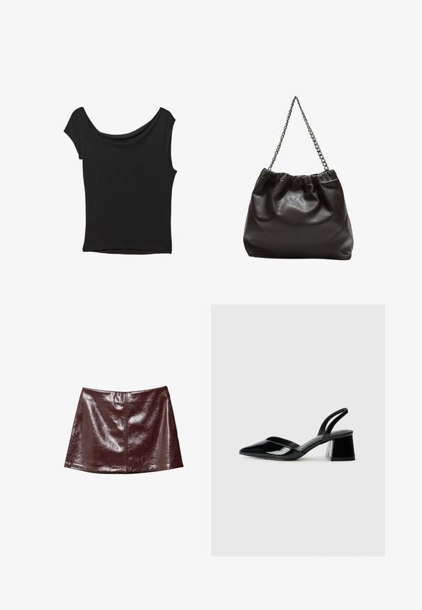 Schwarzes Kurzarmoberteil aus glattem Stoff; hat einen drapierten Ausschnitt und einen asymmetrischen Saum, mit einem figurbetonten Körper.; Glänzender dunkelbrauner Kunstleder-Minirock mit zentraler Naht und leicht ausgestellter A-Linie.; Schwarze Lackleder-Slingback-High Heels mit spitzem Schuh und einem geometrischen Blockabsatz. Verfügt über ein schlankes, minimalistisches Design und eine glatte Textur.; Braune Lederhandtasche mit gerafftem Oberteil und Kettenriemen. Glatte Textur mit glänzendem Finish und subtilen Nahtdetails an den Seiten.