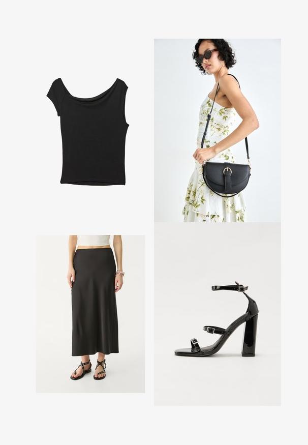 Haut noir à manches courtes en tissu lisse ; il présente un col drapé et un ourlet asymétrique, avec un corps ajusté.; Jupe noire, longue jusqu'au sol, en tissu lisse avec une taille ajustée. Portée avec des sandales noires à lanières dotées d'accents métalliques.; Sandales à talons vernies noires avec un bout carré, des sangles autour de la cheville et des boucles en argent. Dotées d'un talon bloc épais pour plus de stabilité.; Sac à main en cuir noir avec une forme courbée, bandoulière amovible et des accessoires en or. Le sac est doté d'un rabat avec un détail de boucle.